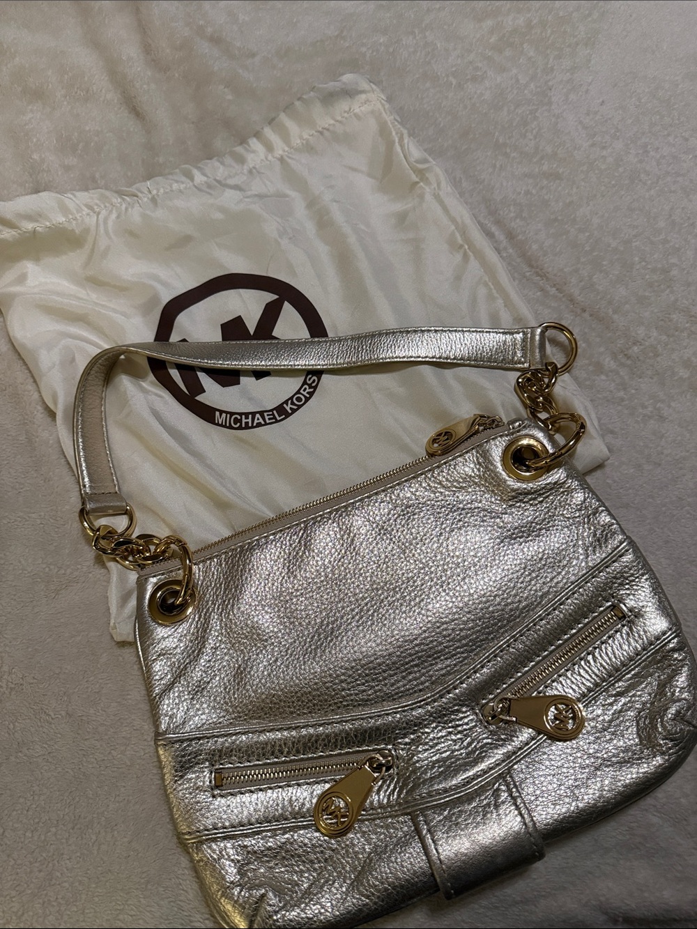 Michael Kors Silver Metallic Leather Shoulder Bag with Gold Hardware